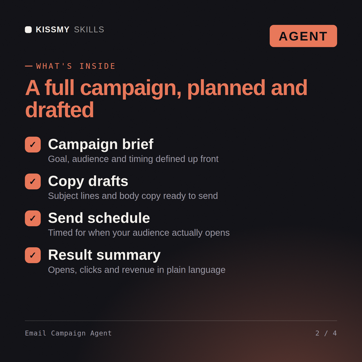 What's inside the Email Campaign Agent AI agent: Campaign brief, Copy drafts, Send schedule, Result summary