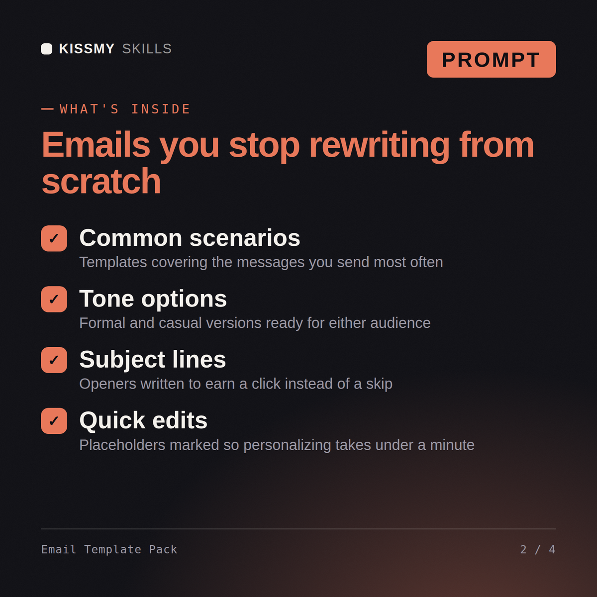 What's inside the Email Template Pack AI prompt: Common scenarios, Tone options, Subject lines, Quick edits