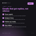 What's inside the Email Writer, Kate AI skill: Tone match, Subject lines, Follow-up ready, Any inbox