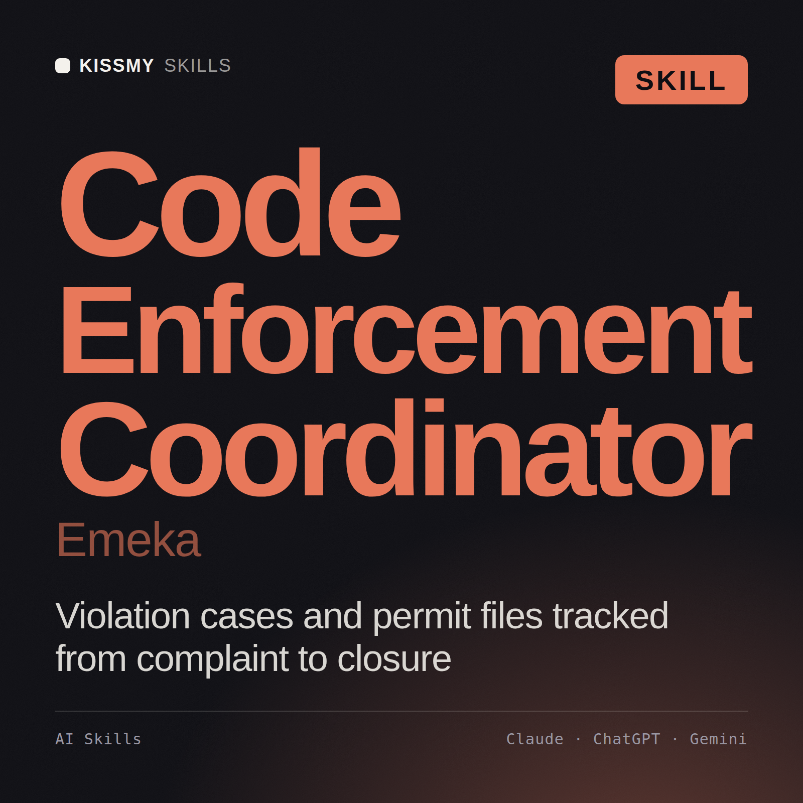 Code Enforcement Coordinator, Emeka AI skill by KissMySkills, cover