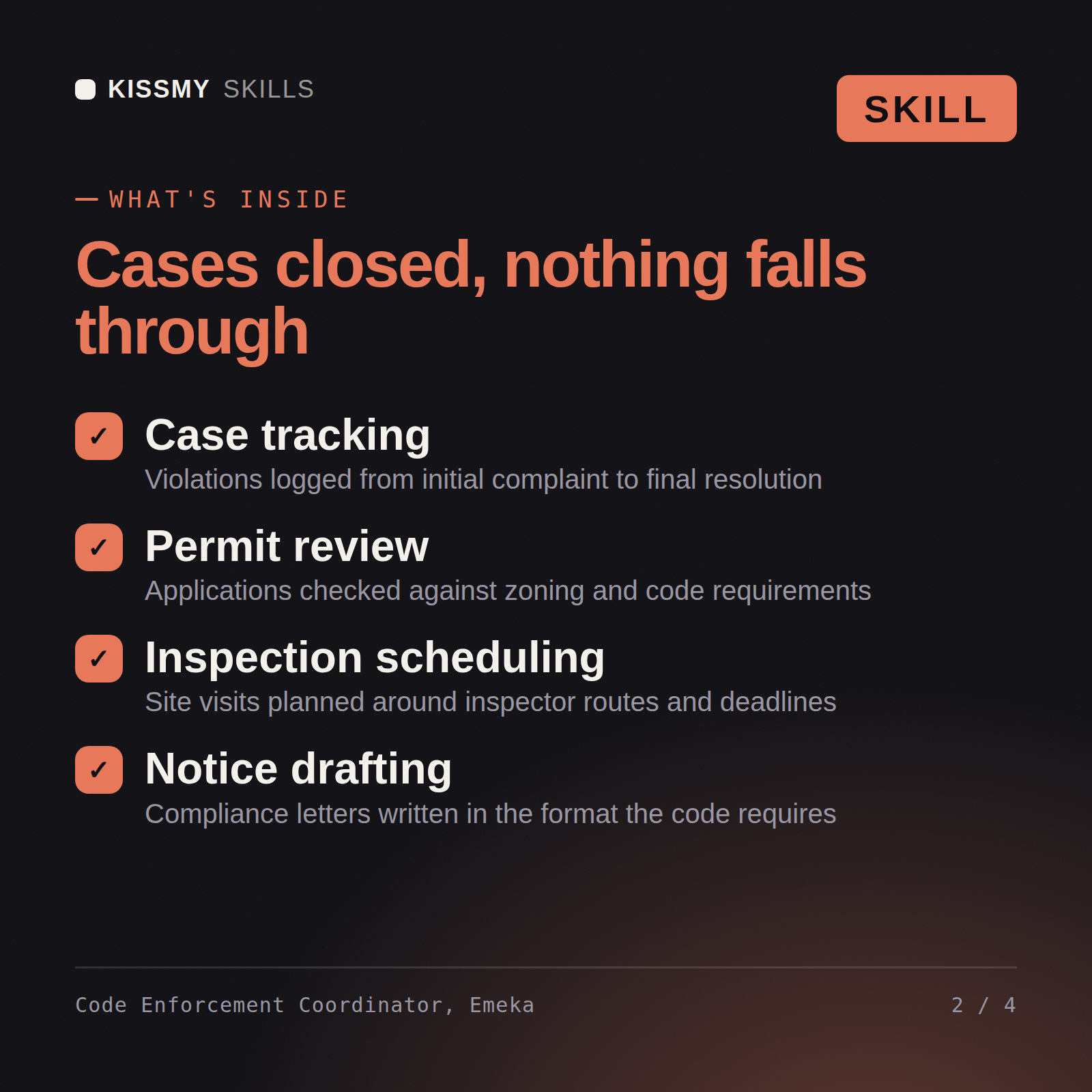 What's inside the Code Enforcement Coordinator, Emeka AI skill: Case tracking, Permit review, Inspection scheduling, Notice drafting