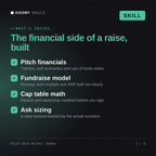 What's inside the Pitch Deck Writer, Emeka AI skill: Pitch financials, Fundraise model, Cap table math, Ask sizing