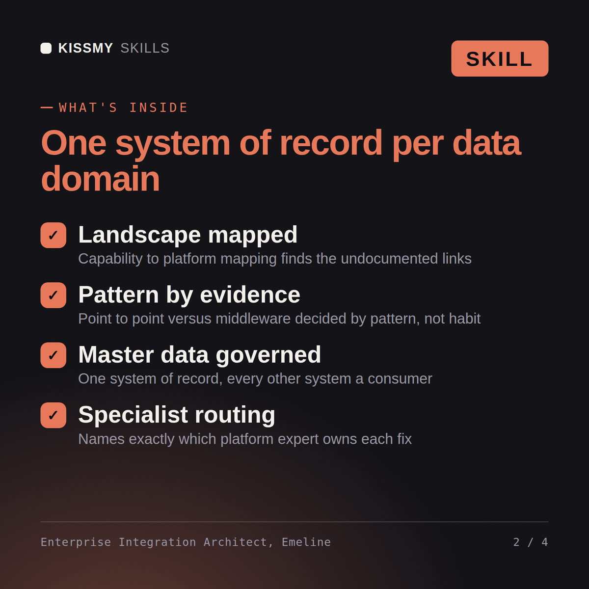 What's inside the Enterprise Integration Architect, Emeline AI skill: Landscape mapped, Pattern by evidence, Master data governed, Specialist routing