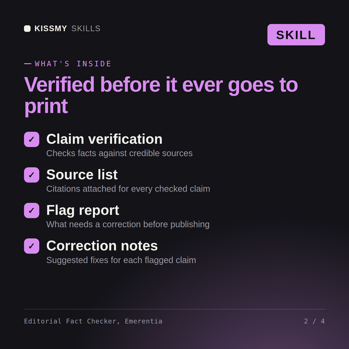What's inside the Editorial Fact Checker, Emerentia AI skill: Claim verification, Source list, Flag report, Correction notes