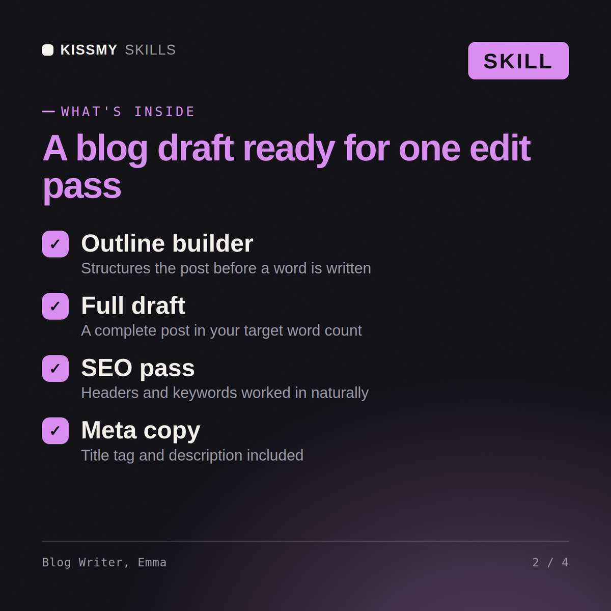 What's inside the Blog Writer, Emma AI skill: Outline builder, Full draft, SEO pass, Meta copy