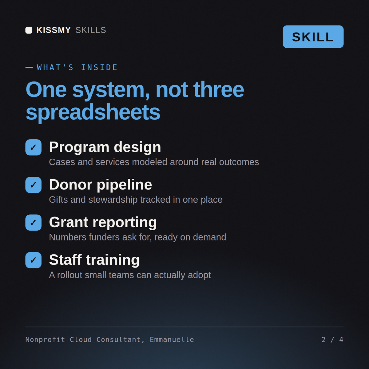 What's inside the Nonprofit Cloud Consultant, Emmanuelle AI skill: Program design, Donor pipeline, Grant reporting, Staff training