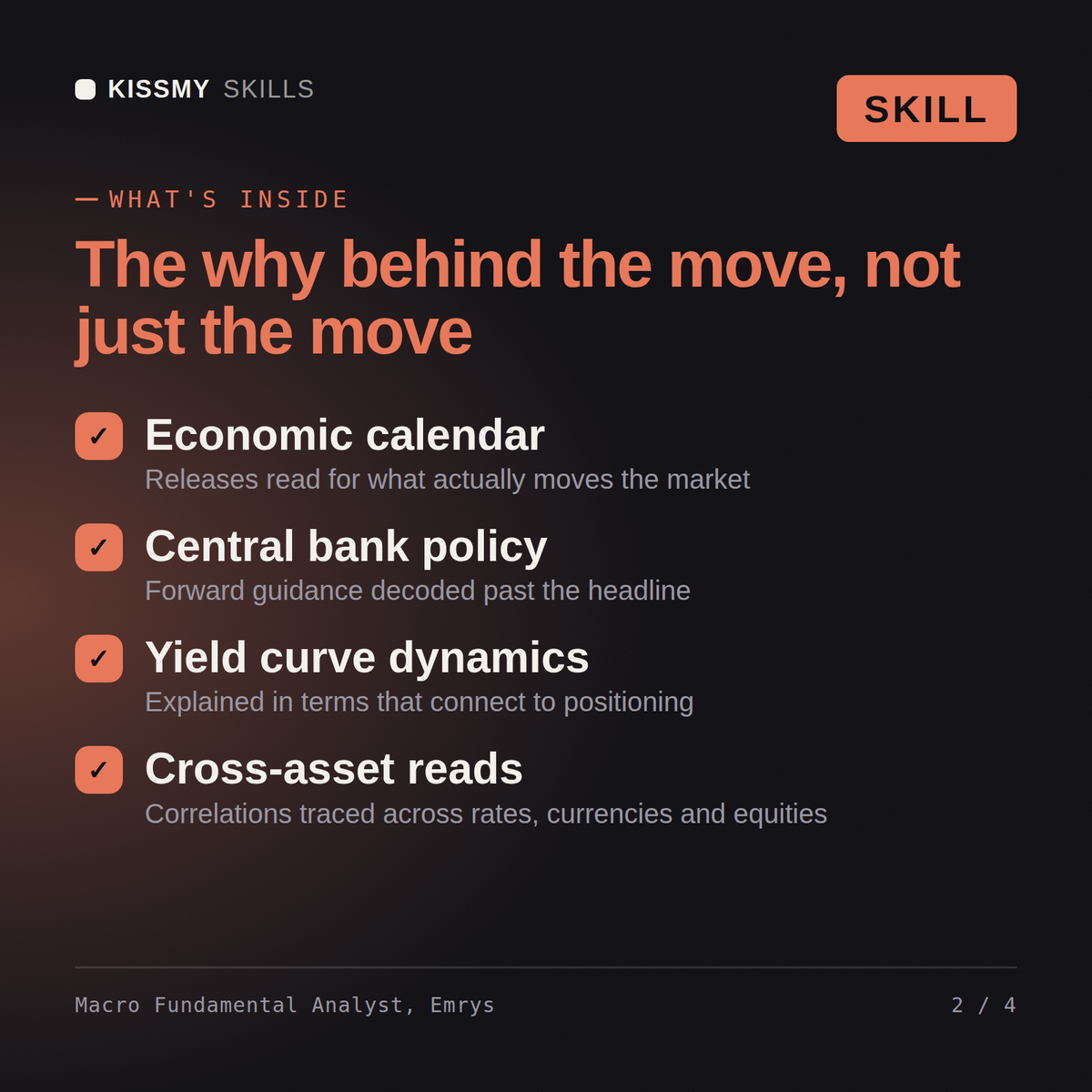 What's inside the Macro Fundamental Analyst, Emrys AI skill: Economic calendar, Central bank policy, Yield curve dynamics, Cross-asset reads