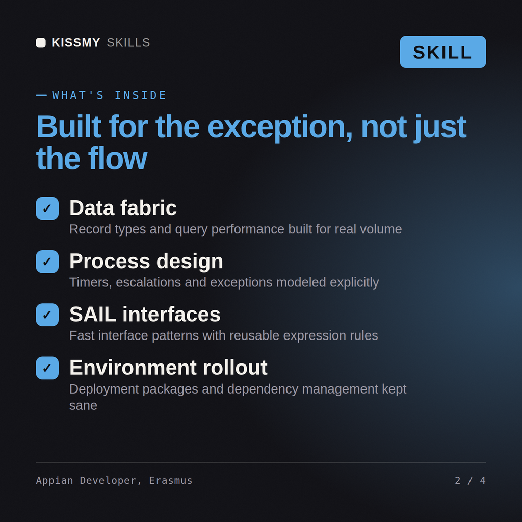 What's inside the Appian Developer, Erasmus AI skill: Data fabric, Process design, SAIL interfaces, Environment rollout