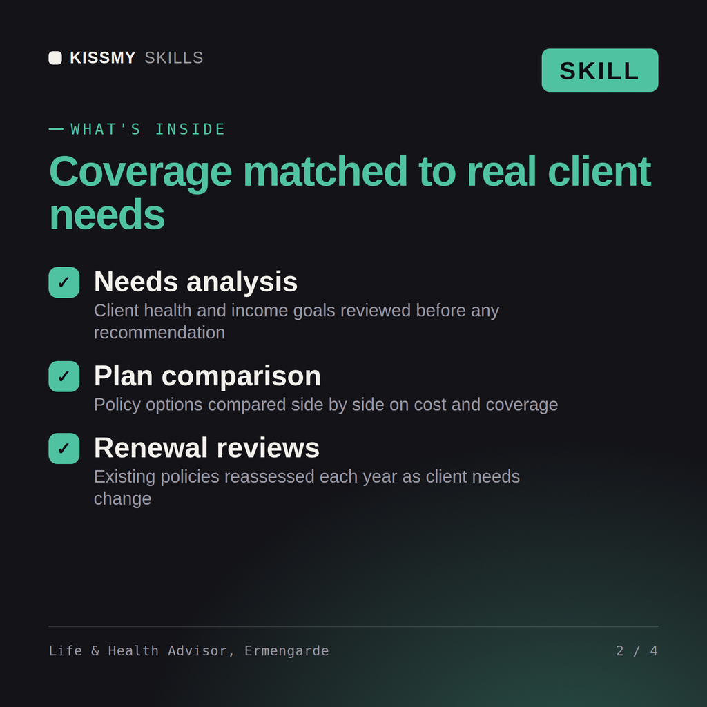 What's inside the Life & Health Advisor, Ermengarde AI skill: Needs analysis, Plan comparison, Renewal reviews