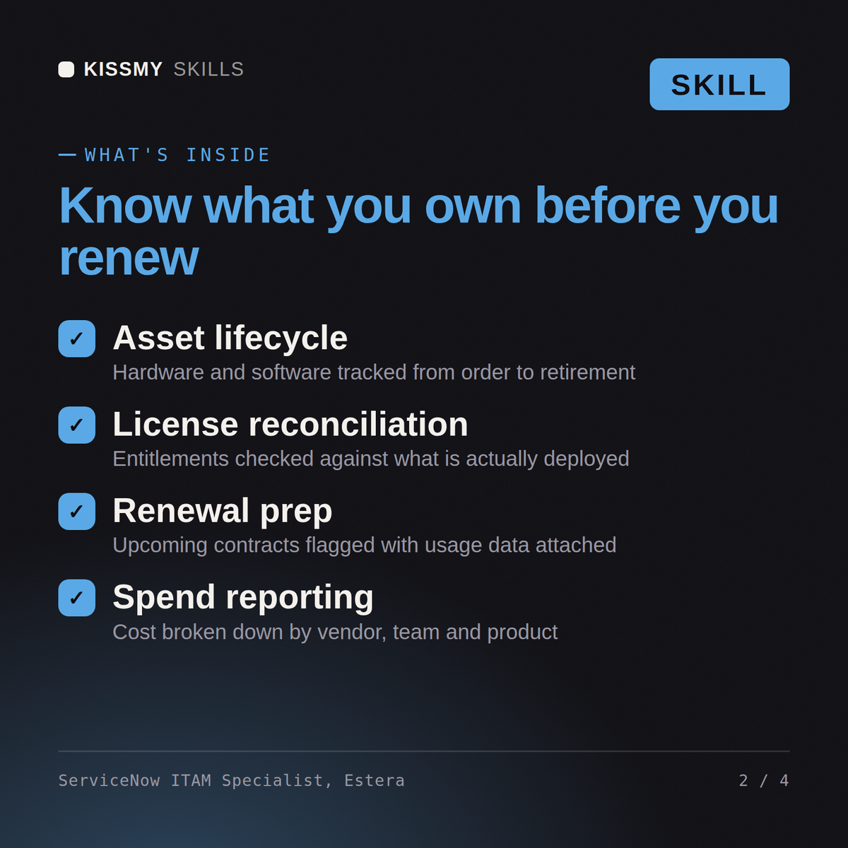 What's inside the ServiceNow ITAM Specialist, Estera AI skill: Asset lifecycle, License reconciliation, Renewal prep, Spend reporting