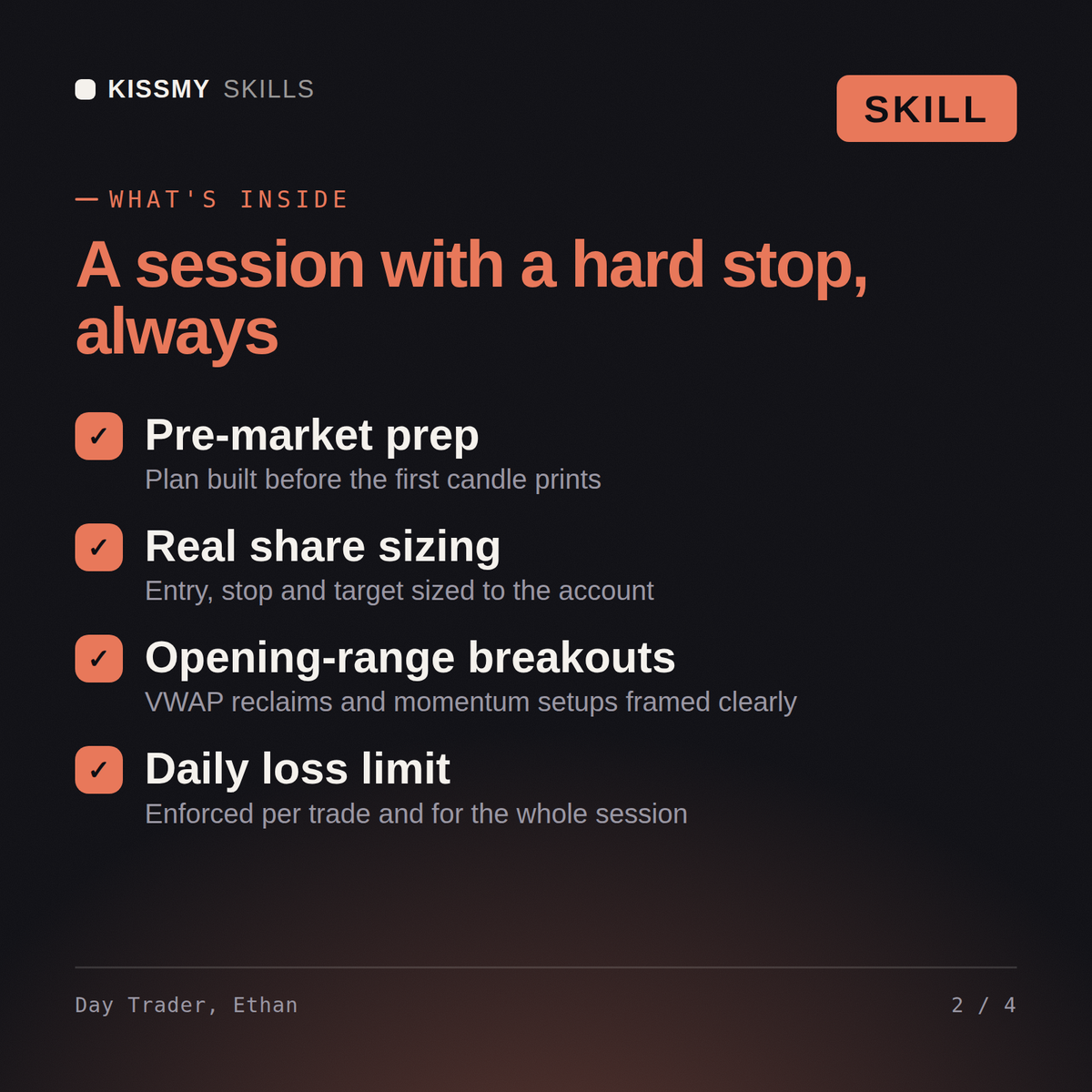 What's inside the Day Trader, Ethan AI skill: Pre-market prep, Real share sizing, Opening-range breakouts, Daily loss limit