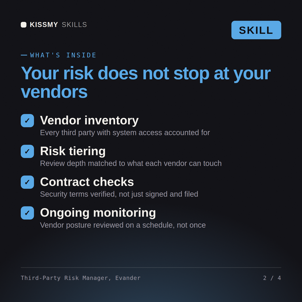 What's inside the Third-Party Risk Manager, Evander AI skill: Vendor inventory, Risk tiering, Contract checks, Ongoing monitoring
