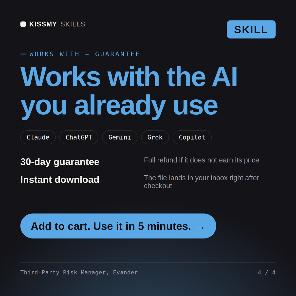 The Third-Party Risk Manager, Evander AI skill works with Claude, ChatGPT, Gemini and any AI chat, 30-day money-back guarantee