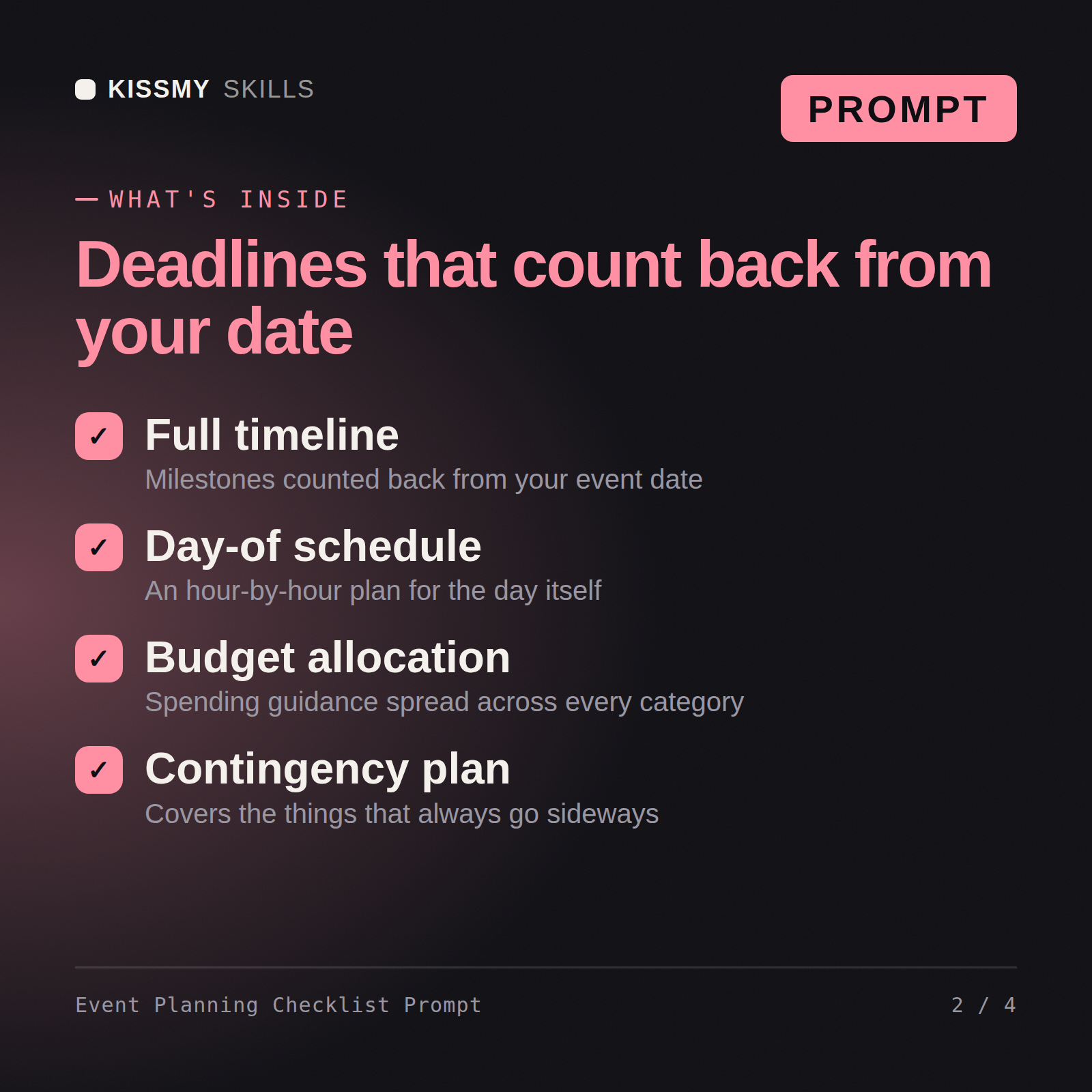 What's inside the Event Planning Checklist Prompt AI prompt: Full timeline, Day-of schedule, Budget allocation, Contingency plan