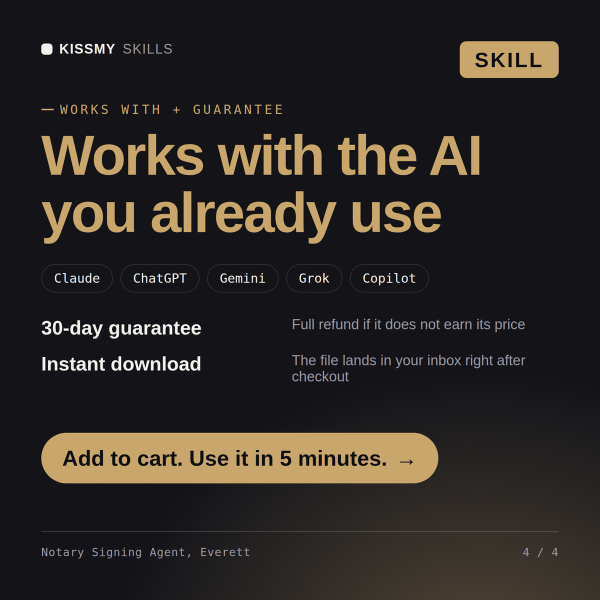 The Notary Signing Agent, Everett AI skill works with Claude, ChatGPT, Gemini and any AI chat, 30-day money-back guarantee