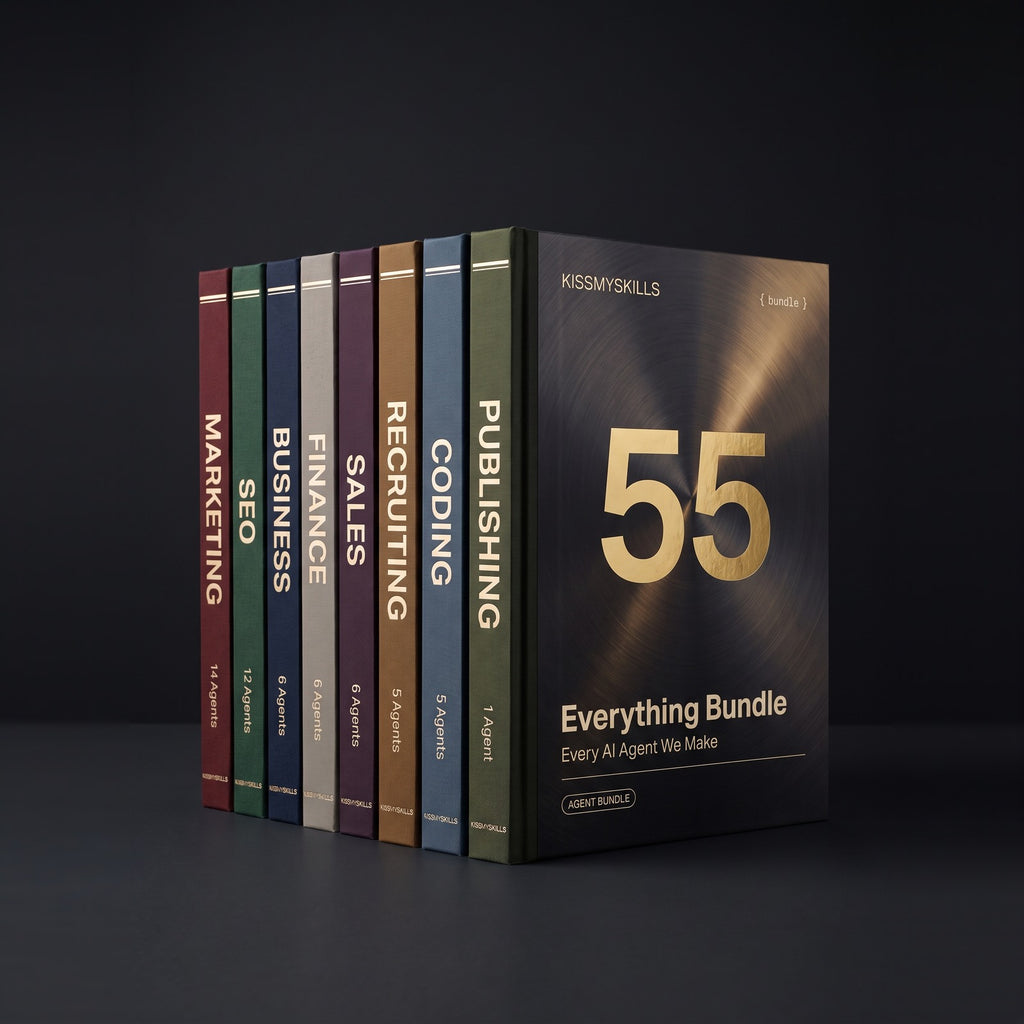 Everything Bundle by KissMySkills, eight coloured hardcover volumes for Marketing, SEO, Business, Finance, Sales, Recruiting, Coding and Publishing beside a flagship volume stamped 55 in brass foil