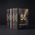 Everything Bundle by KissMySkills, eight coloured hardcover volumes for Marketing, SEO, Business, Finance, Sales, Recruiting, Coding and Publishing beside a flagship volume stamped 55 in brass foil
