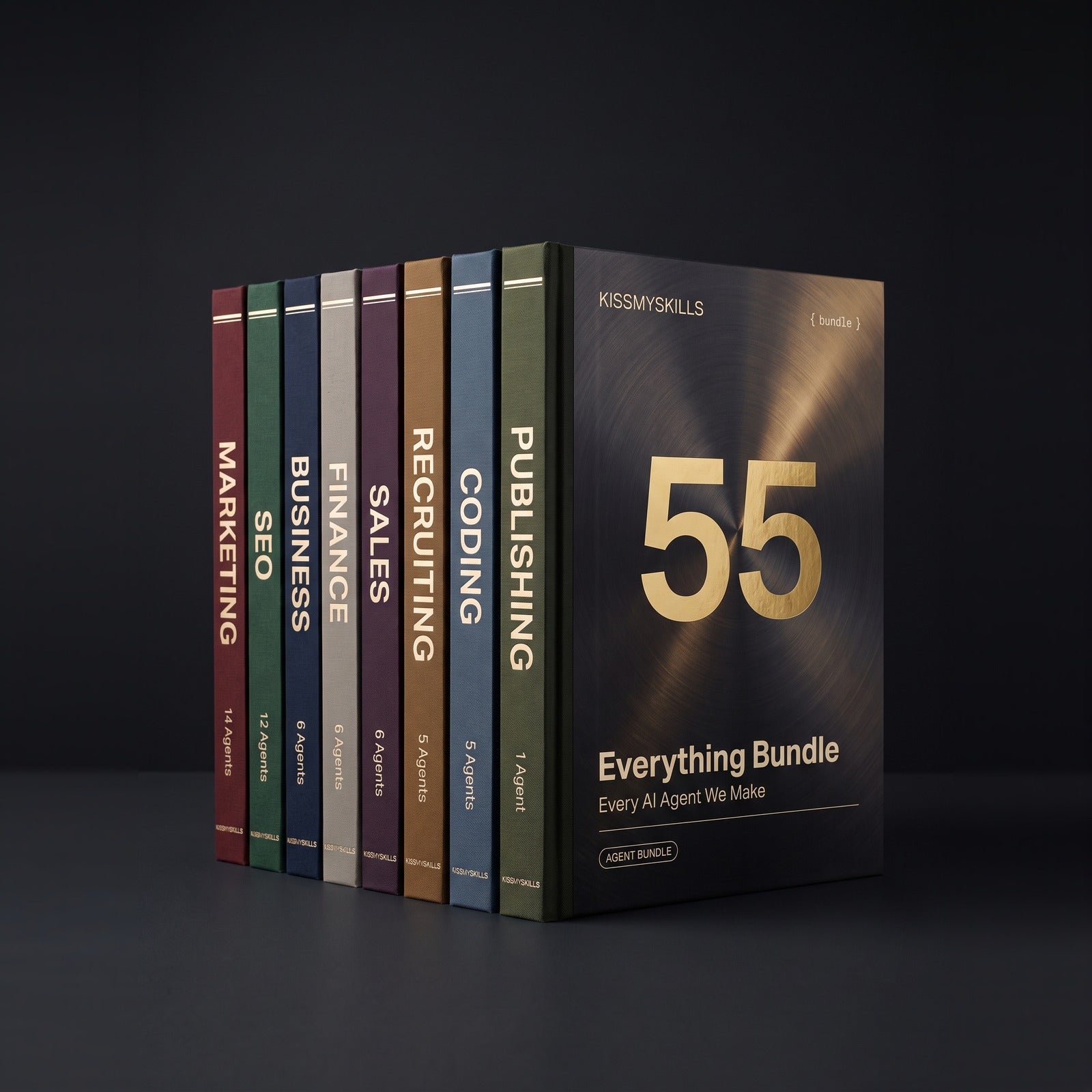 Everything Bundle by KissMySkills, eight coloured hardcover volumes for Marketing, SEO, Business, Finance, Sales, Recruiting, Coding and Publishing beside a flagship volume stamped 55 in brass foil