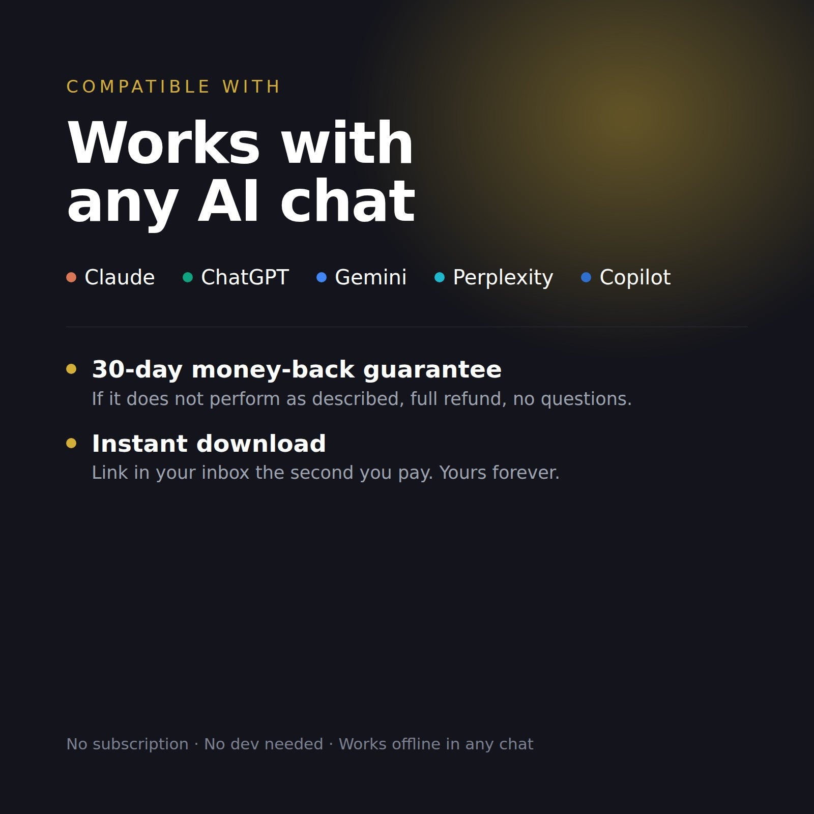 Works with any AI chat, 30-day money-back guarantee, instant download