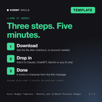 How the Excel Budget Template - Monthly and 12-Month Personal Budget works in three steps: download, drop it into your AI chat, done