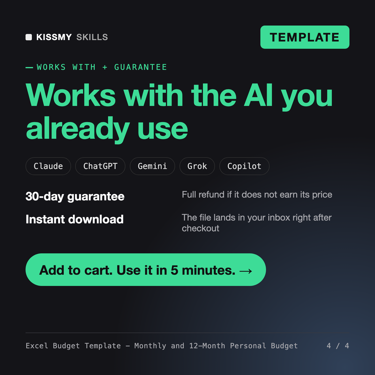 The Excel Budget Template - Monthly and 12-Month Personal Budget works with Claude, ChatGPT, Gemini and any AI chat, 30-day money-back guarantee
