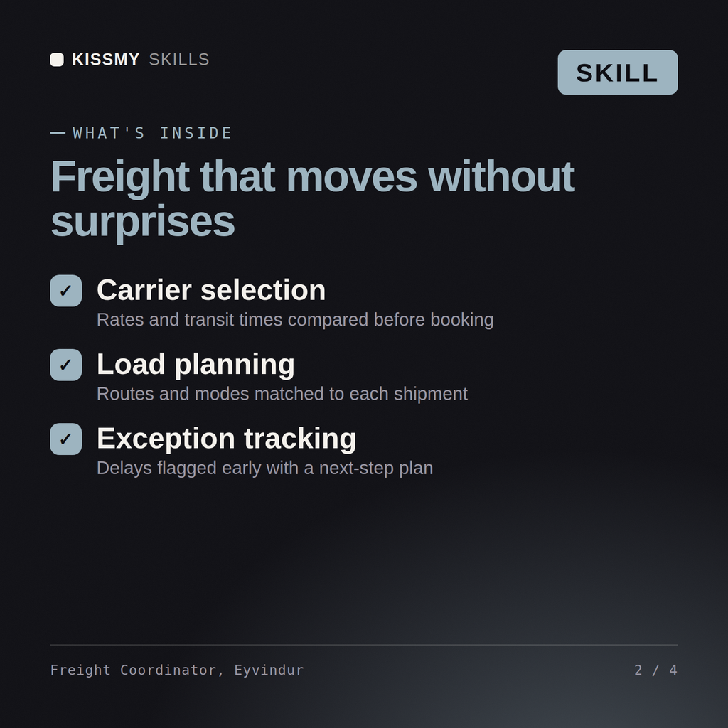 What's inside the Freight Coordinator, Eyvindur AI skill: Carrier selection, Load planning, Exception tracking