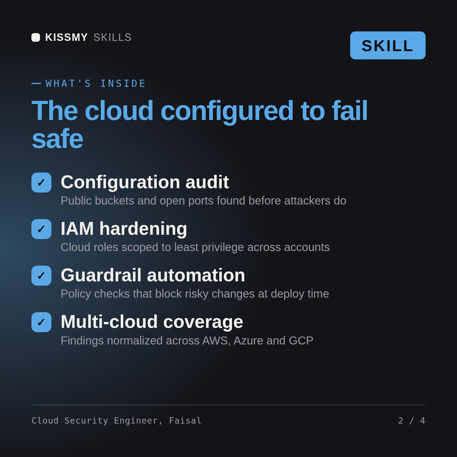 What's inside the Cloud Security Engineer, Faisal AI skill: Configuration audit, IAM hardening, Guardrail automation, Multi-cloud coverage