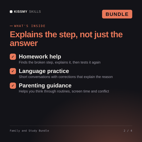 What's inside the Family and Study Bundle AI bundle: Homework help, Language practice, Parenting guidance
