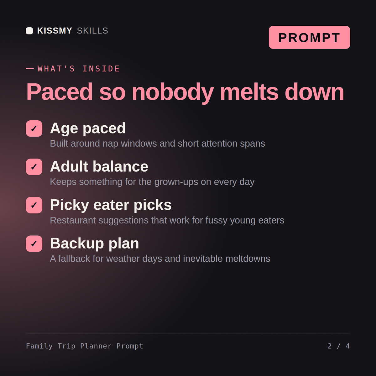 What's inside the Family Trip Planner Prompt AI prompt: Age paced, Adult balance, Picky eater picks, Backup plan