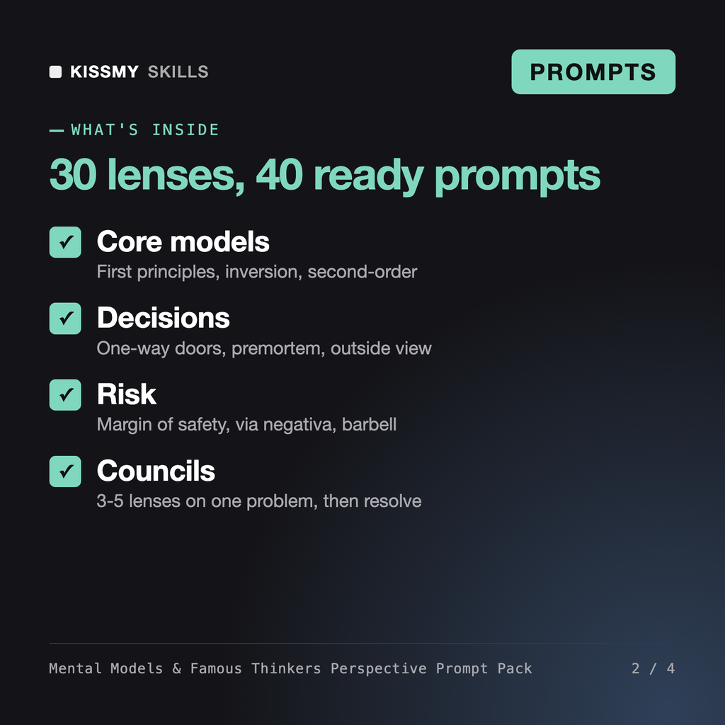 What's inside the Mental Models & Famous Thinkers Perspective Prompt Pack: Core models, Decisions, Risk, Councils
