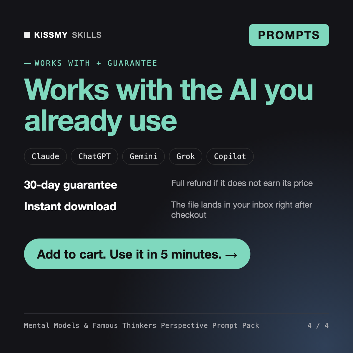 The Mental Models & Famous Thinkers Perspective Prompt Pack works with Claude, ChatGPT, Gemini and any AI chat, 30-day money-back guarantee