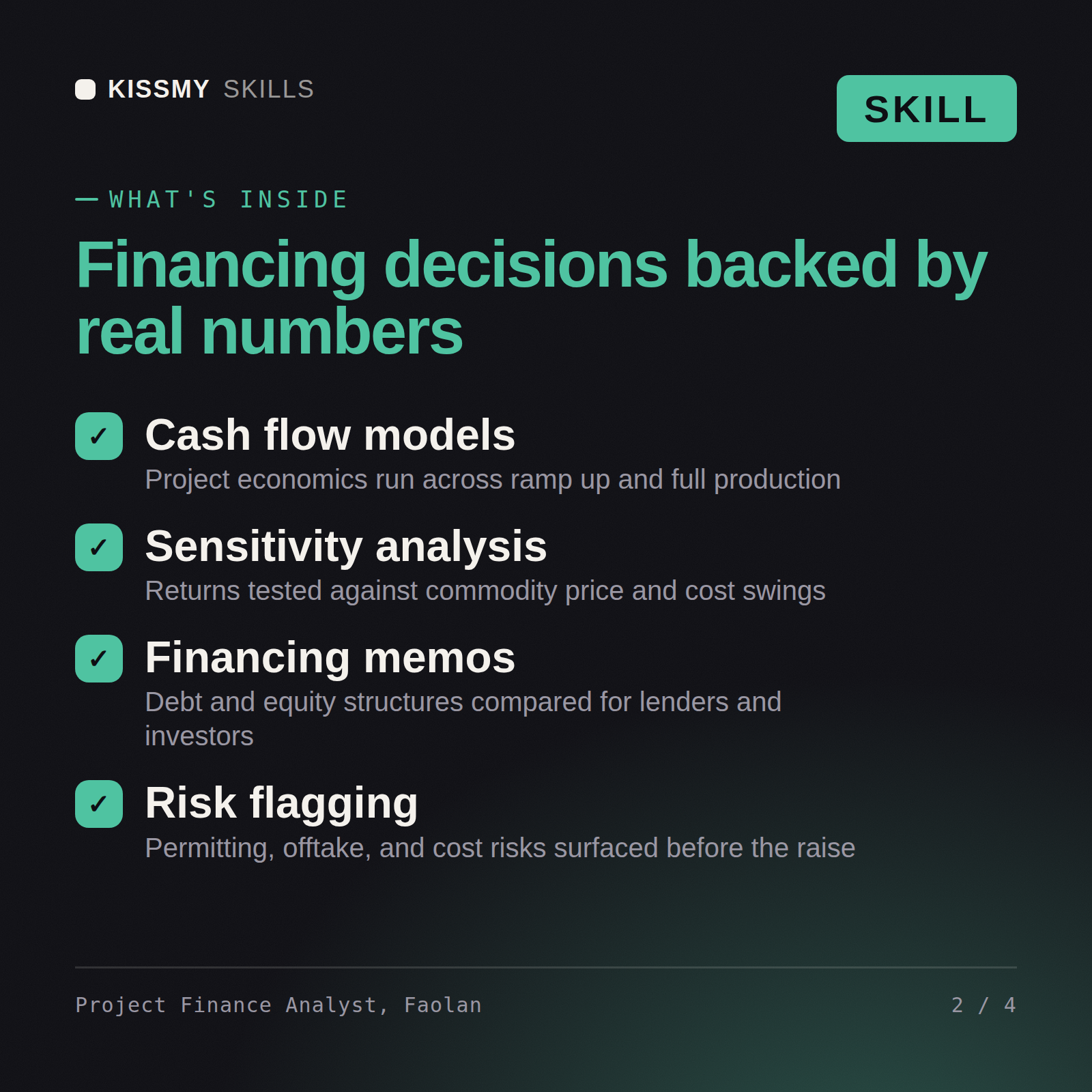 What's inside the Project Finance Analyst, Faolan AI skill: Cash flow models, Sensitivity analysis, Financing memos, Risk flagging