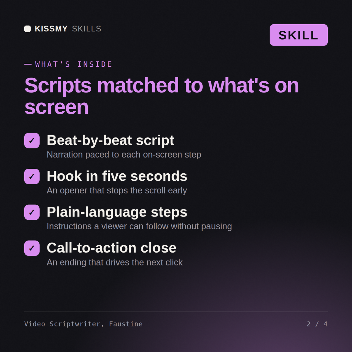 What's inside the Video Scriptwriter, Faustine AI skill: Beat-by-beat script, Hook in five seconds, Plain-language steps, Call-to-action close