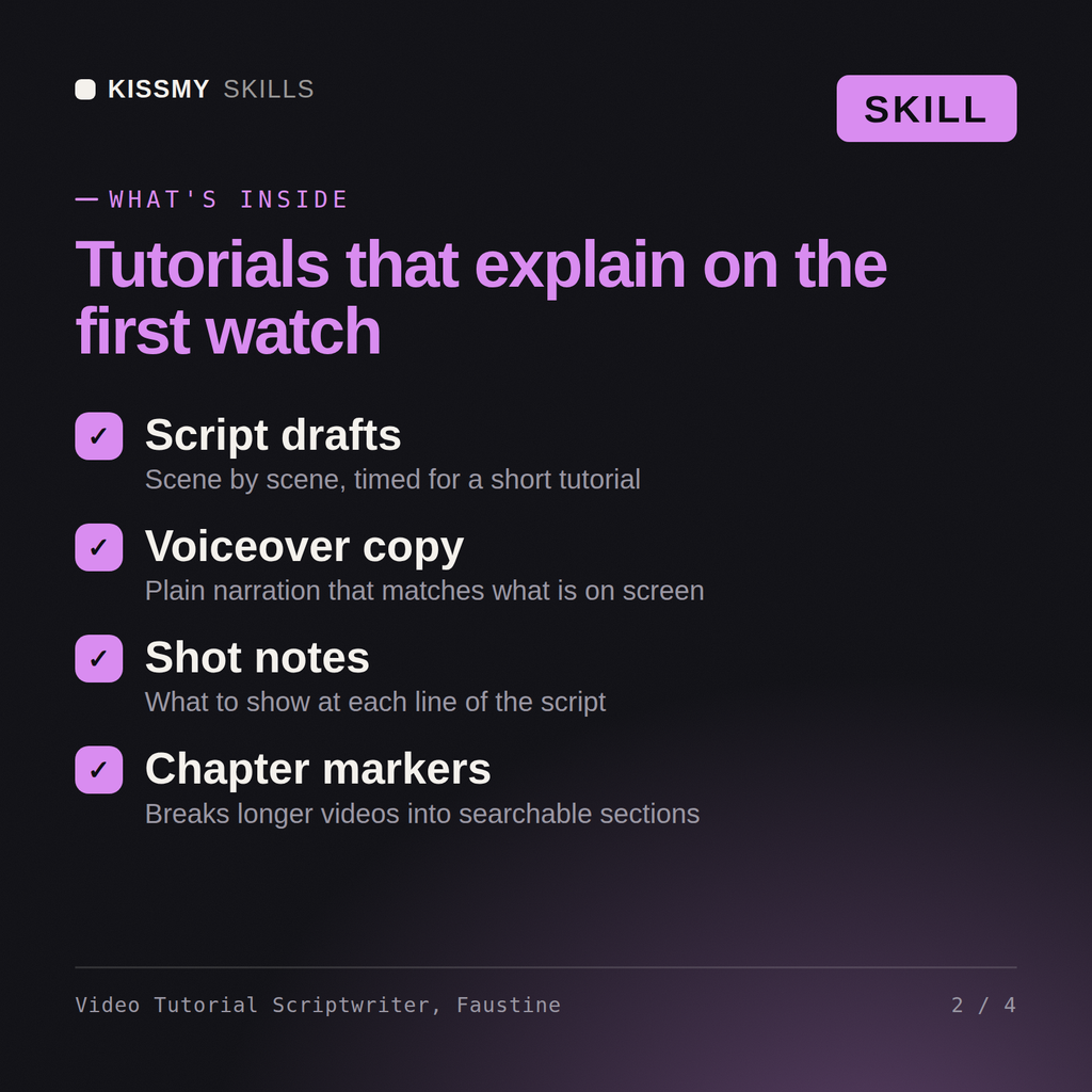 What's inside the Video Tutorial Scriptwriter, Faustine AI skill: Script drafts, Voiceover copy, Shot notes, Chapter markers