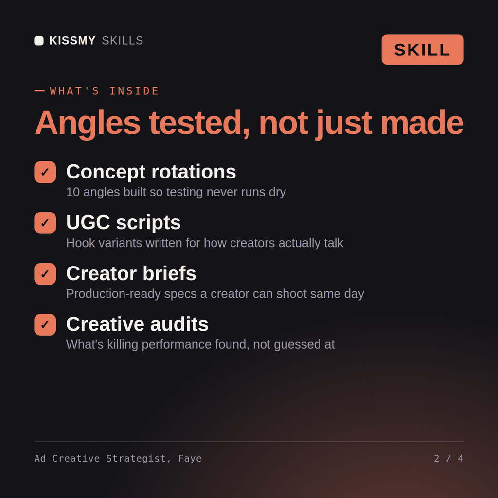 What's inside the Ad Creative Strategist, Faye AI skill: Concept rotations, UGC scripts, Creator briefs, Creative audits