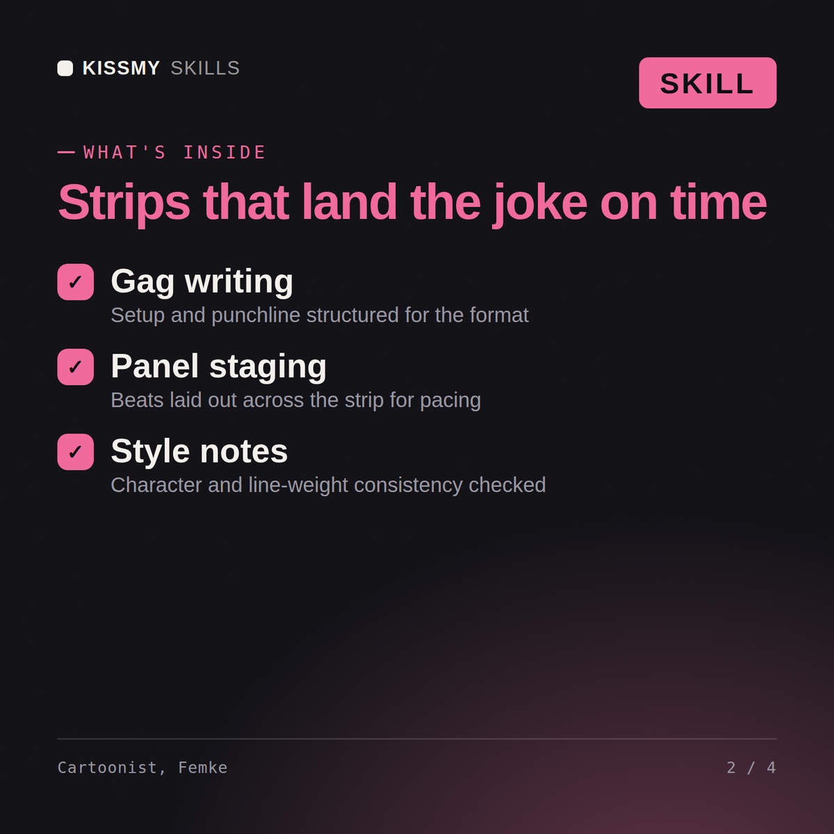 What's inside the Cartoonist, Femke AI skill: Gag writing, Panel staging, Style notes