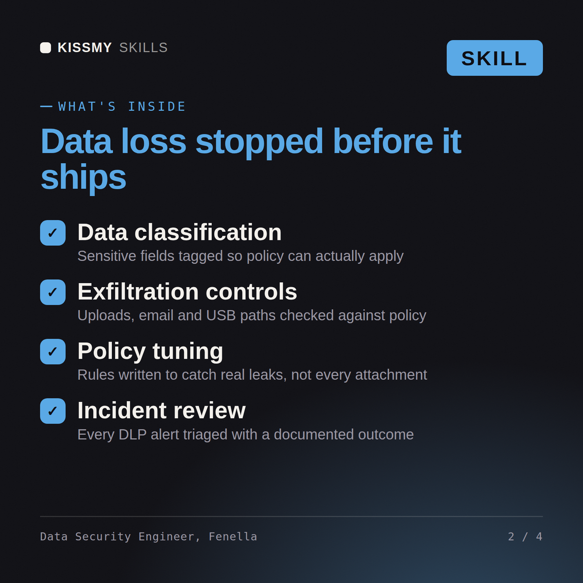 What's inside the Data Security Engineer, Fenella AI skill: Data classification, Exfiltration controls, Policy tuning, Incident review