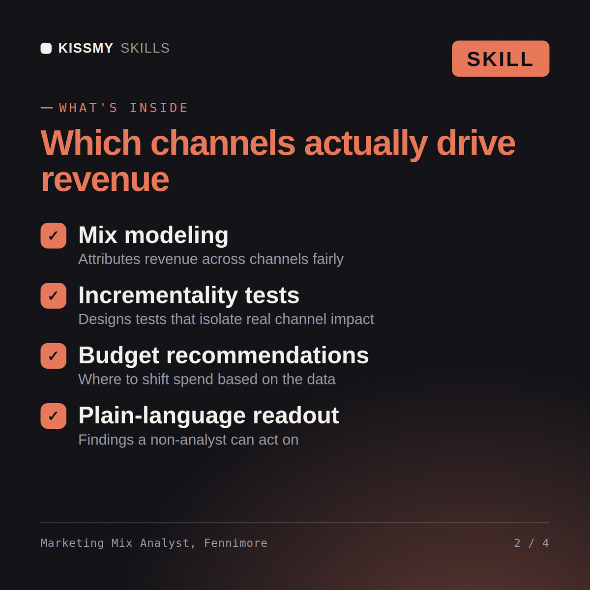 What's inside the Marketing Mix Analyst, Fennimore AI skill: Mix modeling, Incrementality tests, Budget recommendations, Plain-language readout