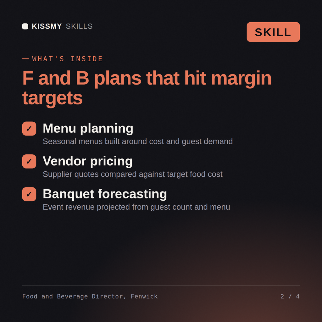 What's inside the Food and Beverage Director, Fenwick AI skill: Menu planning, Vendor pricing, Banquet forecasting