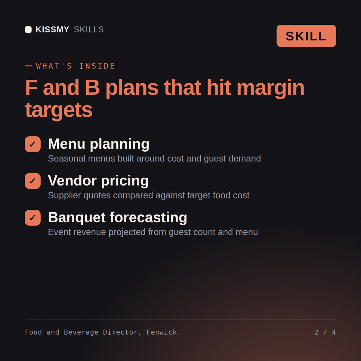 What's inside the Food and Beverage Director, Fenwick AI skill: Menu planning, Vendor pricing, Banquet forecasting
