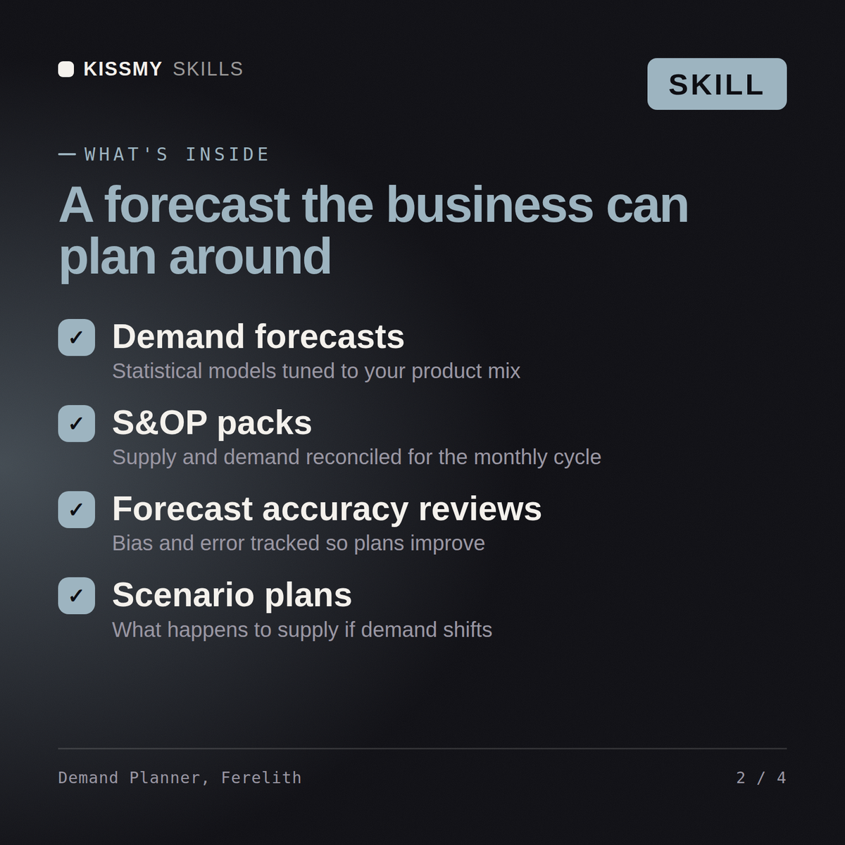 What's inside the Demand Planner, Ferelith AI skill: Demand forecasts, S&OP packs, Forecast accuracy reviews, Scenario plans