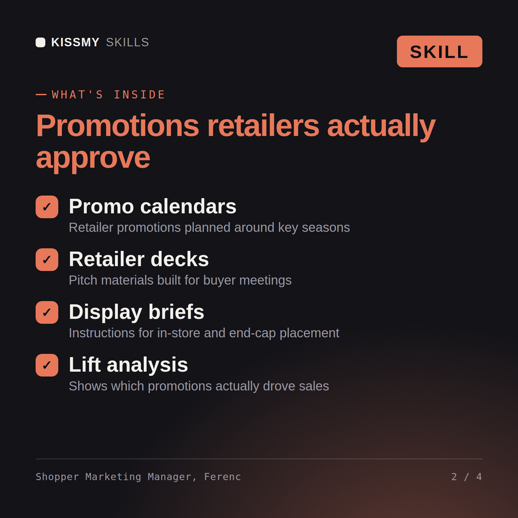 What's inside the Shopper Marketing Manager, Ferenc AI skill: Promo calendars, Retailer decks, Display briefs, Lift analysis