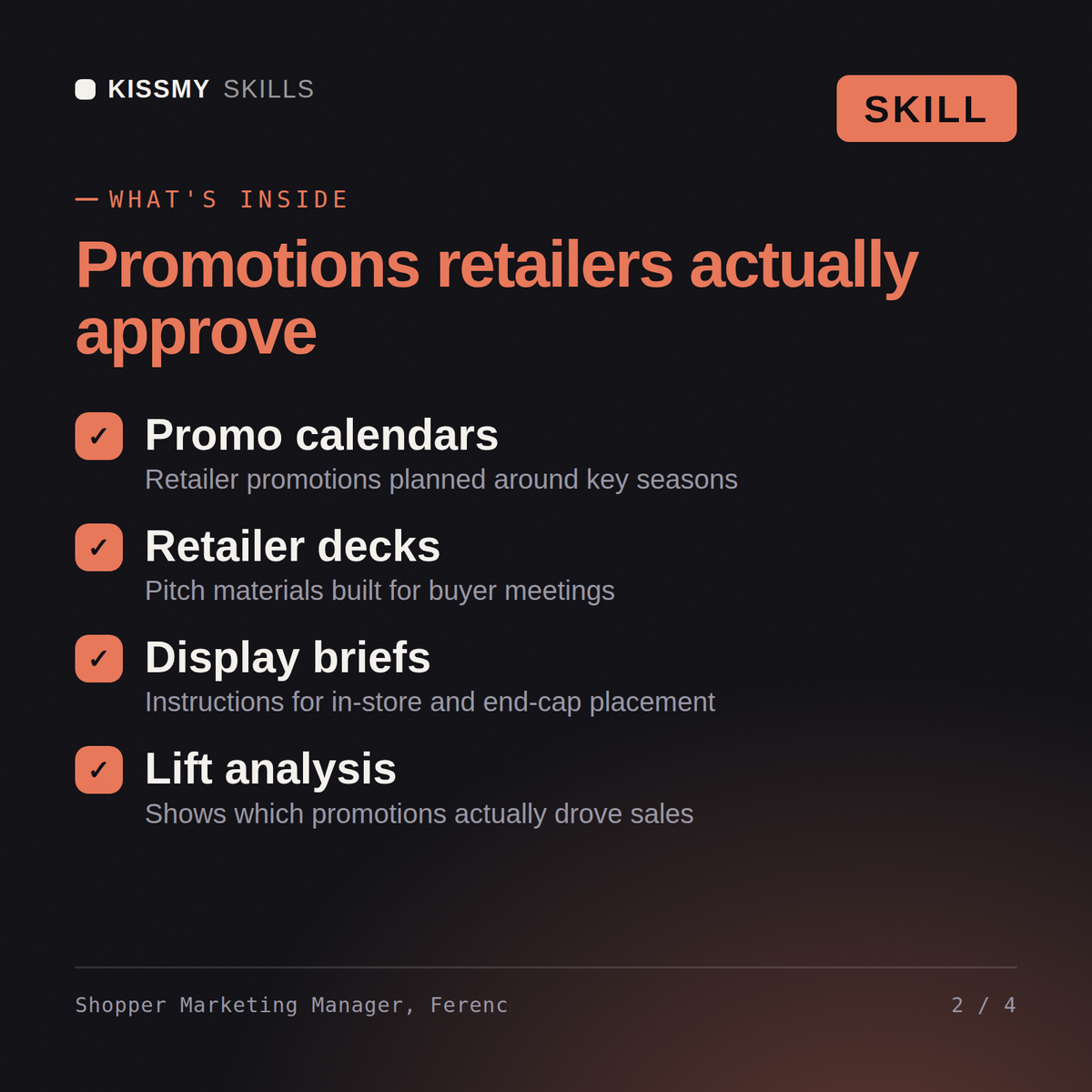 What's inside the Shopper Marketing Manager, Ferenc AI skill: Promo calendars, Retailer decks, Display briefs, Lift analysis