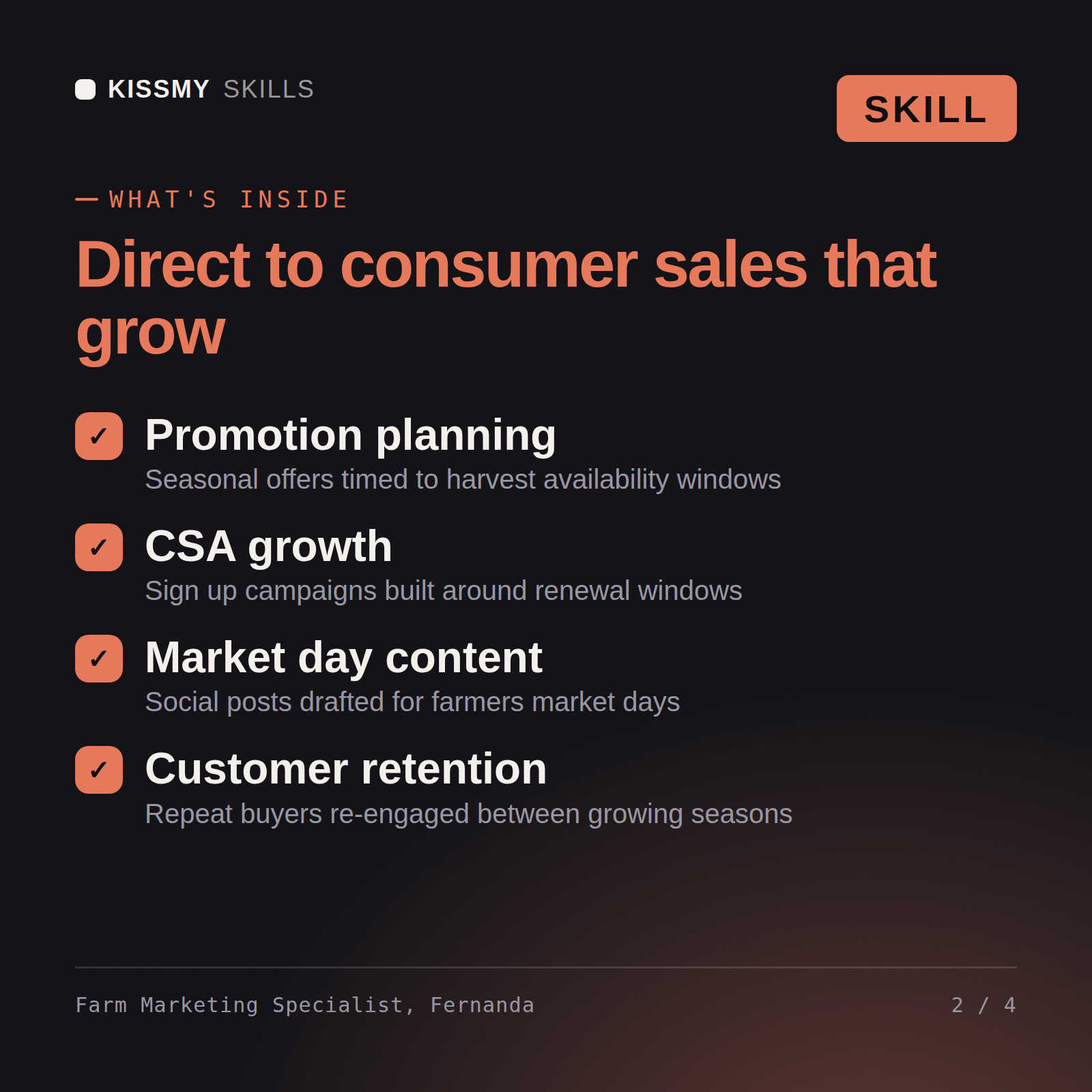 What's inside the Farm Marketing Specialist, Fernanda AI skill: Promotion planning, CSA growth, Market day content, Customer retention