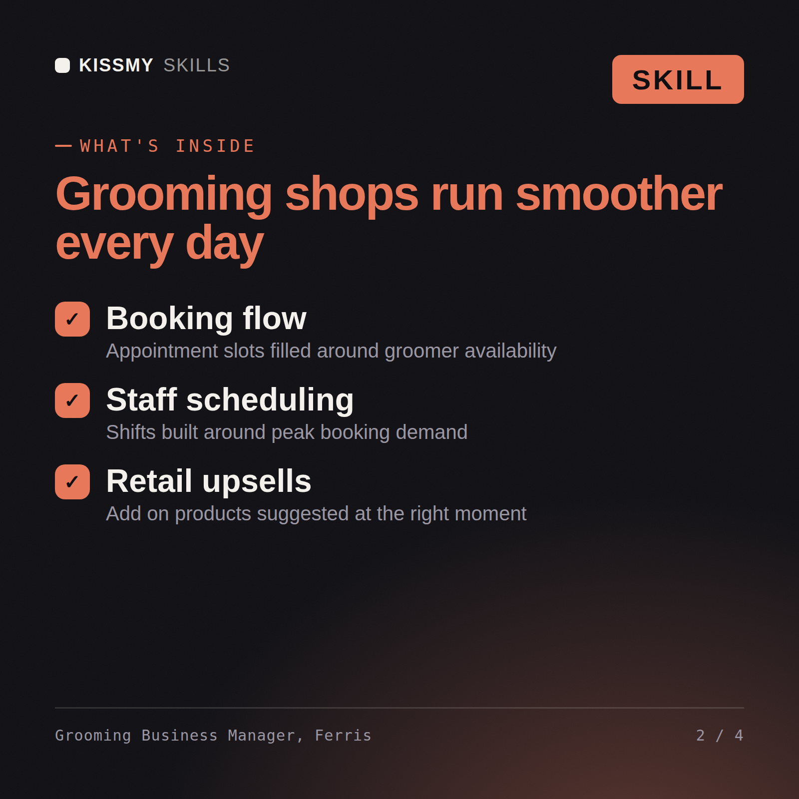 What's inside the Grooming Business Manager, Ferris AI skill: Booking flow, Staff scheduling, Retail upsells