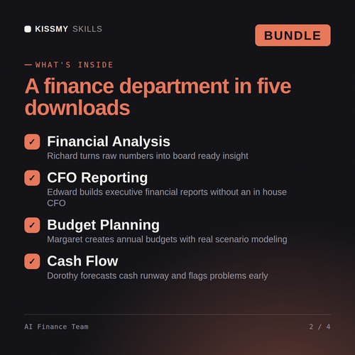 What's inside the AI Finance Team AI bundle: Financial Analysis, CFO Reporting, Budget Planning, Cash Flow