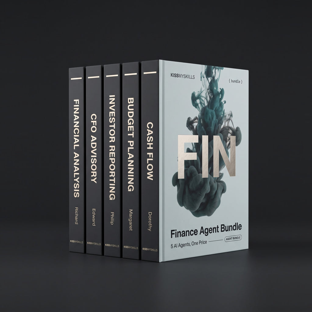 Finance Agent Bundle by KissMySkills, hardcover volumes titled Financial Analysis, CFO Advisory, Investor Reporting, Budget Planning and Cash Flow