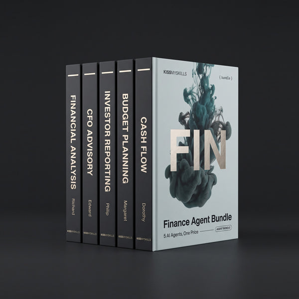Finance Agent Bundle by KissMySkills, hardcover volumes titled Financial Analysis, CFO Advisory, Investor Reporting, Budget Planning and Cash Flow
