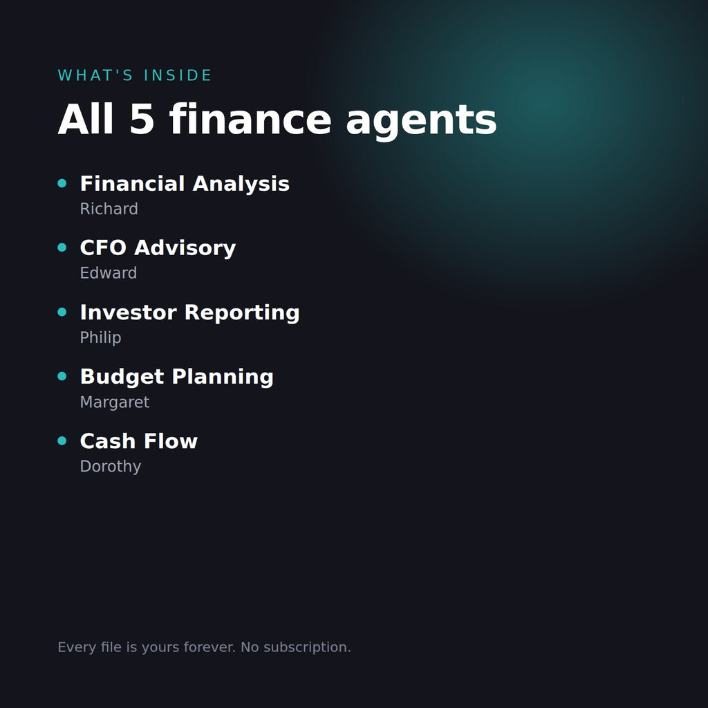What is inside the Finance Agent Bundle: Financial Analysis, CFO Advisory, Investor Reporting, Budget Planning and Cash Flow