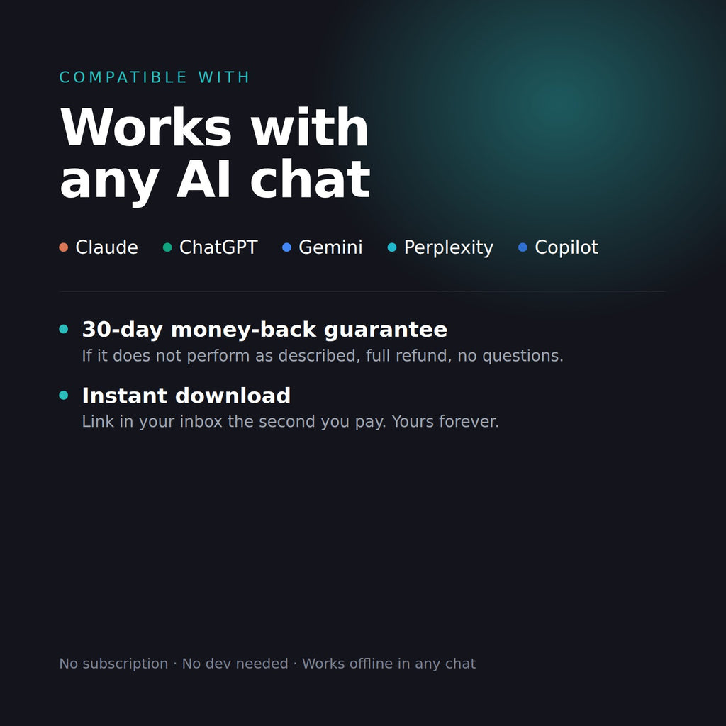 Works with any AI chat, 30-day money-back guarantee, instant download